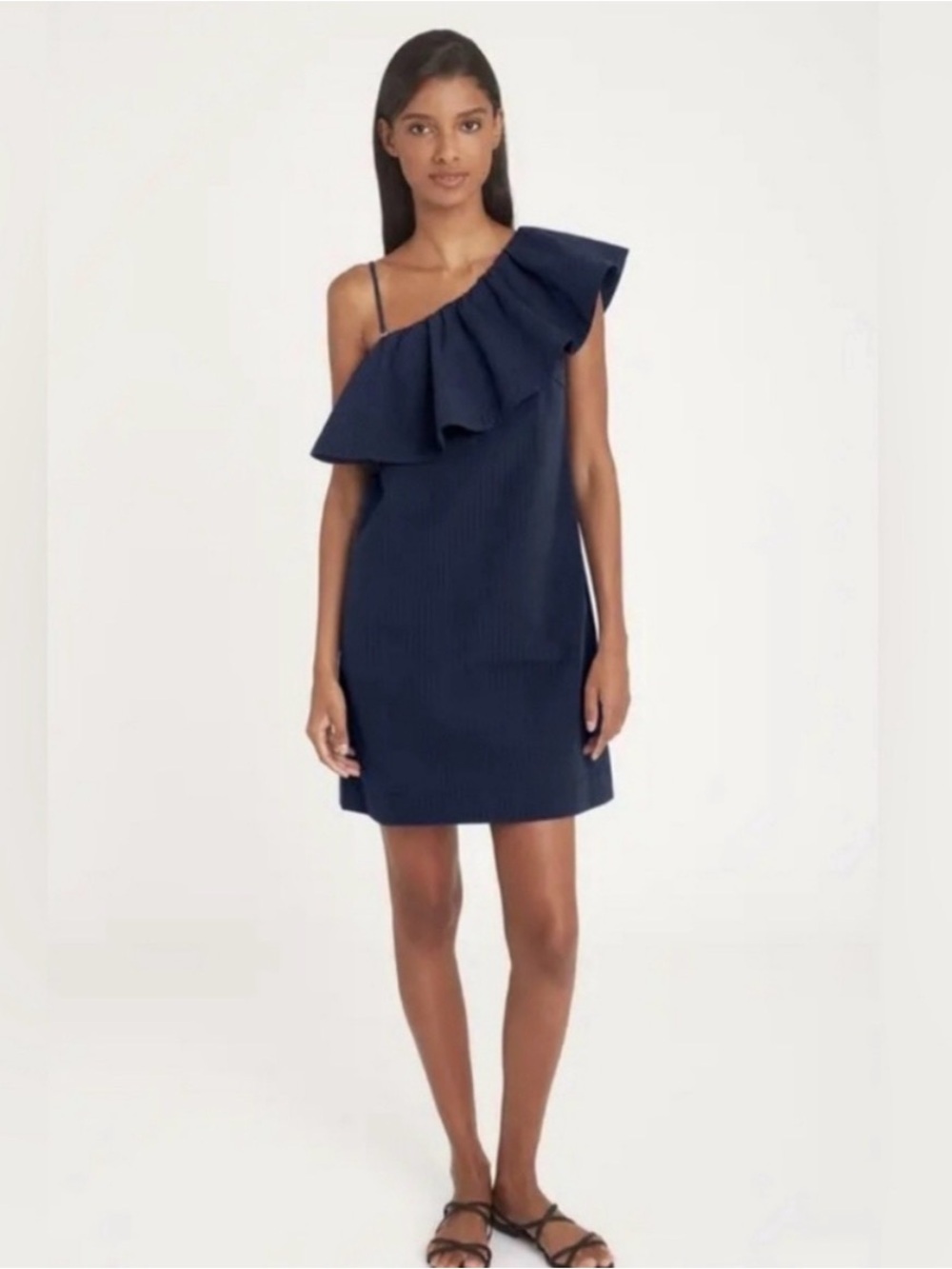 Cuyana Navy One-Shoulder Ruffle Dress